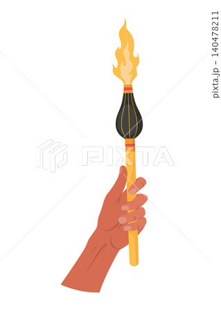 Hand holding a torch. Sport symbol, flat vector illustration design. Torch, Flame. Vector set, isolated burning torch flame in hand Hand holding a torch. Sport symbol, flat vector illustration design. Torch, Flame. Vector set, isolated burning torch flame in hand 140478211