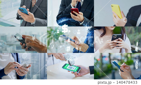 様々なシーンでスマホを使う人々と通信ネットワーク 140478433