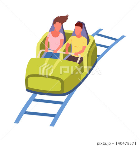Roller coaster happy people. Rollercoaster. Friends riding in amusement park have fun positive emotion, park attractions. Young people having fun and enjoyment, cartoon vector illustration Roller coaster happy people. Rollercoaster. Friends riding in amusement park have fun positive emotion, park attractions. Young people having fun and enjoyment, cartoon vector illustration 140478571