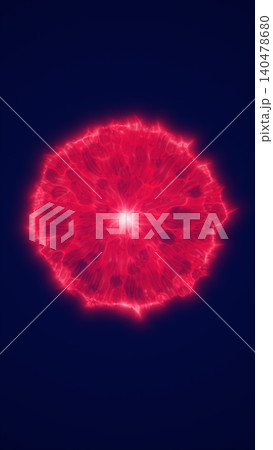Bright red glowing plasma bloom with organic petal shapes and radiant core on a dark blue background, suggesting energy or cellular science. 140478680