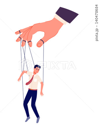 Puppeteer hand controlling puppet. Business man or worker being controlled by puppet master. Manipulates man like puppet. Employer domination exploitation or authority manipulator 140478684