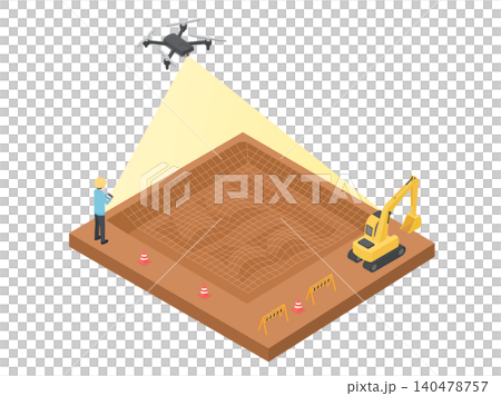An illustration of a construction site depicting drone-based topographic surveying and 3D data creation. An illustration of a construction site depicting drone-based topographic surveying and 3D data creation. 140478757