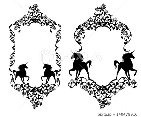 black and white fairy tale rose flowers vector decor elements with fantasy unicorn horses 140478916