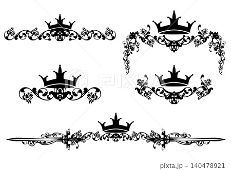 vector set of fairy tale medieval royal crown and rose flowers black silhouette page decor 140478921