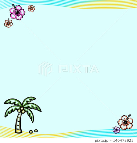 手描き風ヤシの木とハイビスカスの夏フレーム素材 手描き風ヤシの木とハイビスカスの夏フレーム素材 140478923