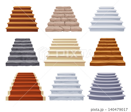 Game castle stairs in cartoon style. Medieval ancient ladder flights without railings, wood or marble step treads and rock risers with cracked details. Vector staircase isolated on white 140479017