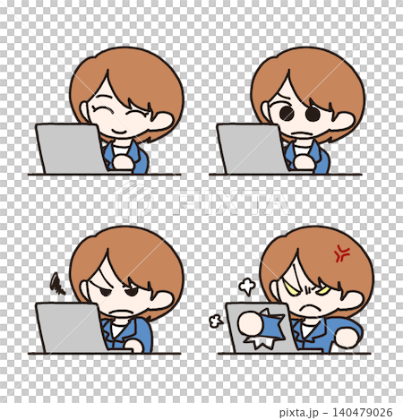 A set of illustrations of a young woman with a negative expression using a computer. A set of illustrations of a young woman with a negative expression using a computer. 140479026
