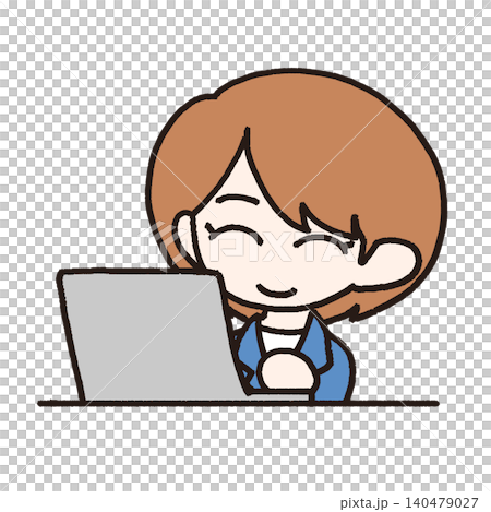 Illustration of a young woman/office worker's upper body smiling in front of a computer. Illustration of a young woman/office worker's upper body smiling in front of a computer. 140479027
