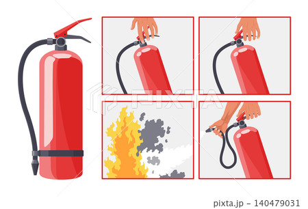 Fire extinguisher instruction. Fire prevention and extinguishing tips. Safety Information, poster or banner for website. Cartoon flat vector illustrations isolated on white background Fire extinguisher instruction. Fire prevention and extinguishing tips. Safety Information, poster or banner for website. Cartoon flat vector illustrations isolated on white background 140479031