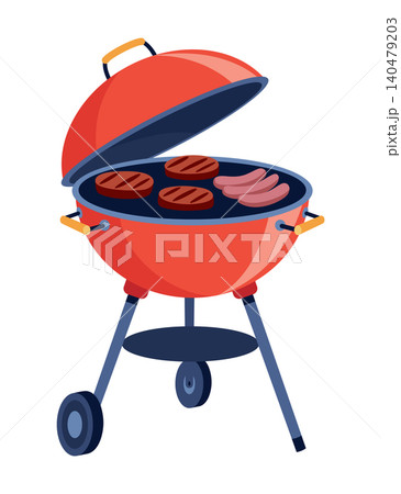 Red barbecue with accessories. Charcoal grill. Red barbecue grill with open lid and modern design features Red barbecue with accessories. Charcoal grill. Red barbecue grill with open lid and modern design features 140479203