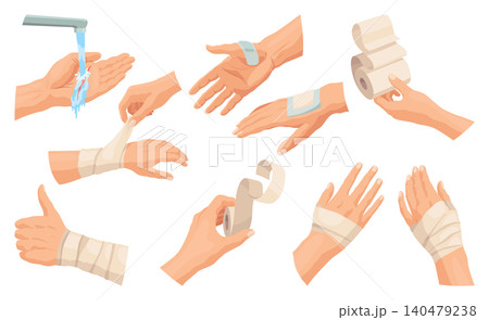 Hands injured skin and procedures of bandaging and wound cleaning. First aid for wound. Medicine cure or treatment. First emergency help for human hand trauma Hands injured skin and procedures of bandaging and wound cleaning. First aid for wound. Medicine cure or treatment. First emergency help for human hand trauma 140479238