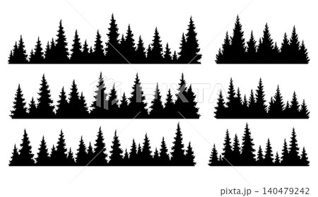 Set of fir trees silhouettes. Coniferous spruce horizontal background patterns, black evergreen woods vector illustration. Beautiful hand drawn panoramas of coniferous forest 140479242
