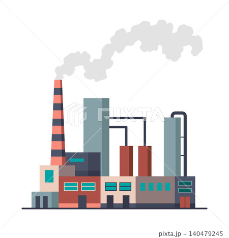Factory industrial. Manufactory industrial building refinery factory or nuclear power station. Complex of chemical plant buildings isolated on white background 140479245