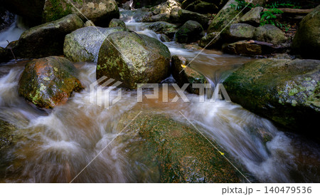 Waterfall is flowing in jungle. Waterfall in green forest. Mountain waterfall. Cascading stream in lush forest. Nature background. Rock or stone at waterfall. Water sustainability. Water conservation. Waterfall is flowing in jungle. Waterfall in green forest. Mountain waterfall. Cascading stream in lush forest. Nature background. Rock or stone at waterfall. Water sustainability. Water conservation. 140479536
