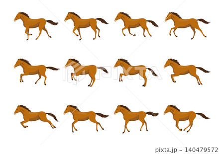Stylized running horse animation frames in warm tones Stylized running horse animation frames in warm tones 140479572
