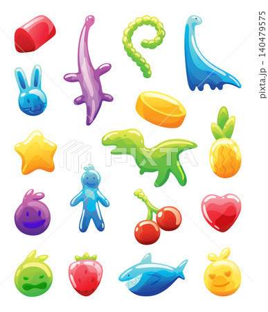 Colorful glossy jelly candy characters and fruit shapes on white background 140479575