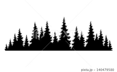 Fir trees silhouette. Coniferous spruce horizontal background pattern, black evergreen woods vector illustration. Beautiful hand drawn panorama of coniferous forest 140479580
