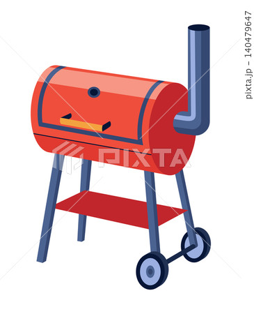 Red barbecue with accessories. Charcoal grill. Red barbecue grill with open lid and modern design features Red barbecue with accessories. Charcoal grill. Red barbecue grill with open lid and modern design features 140479647