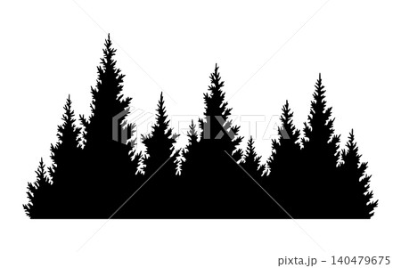 Fir trees silhouette. Coniferous spruce horizontal background pattern, black evergreen woods vector illustration. Beautiful hand drawn panorama of coniferous forest Fir trees silhouette. Coniferous spruce horizontal background pattern, black evergreen woods vector illustration. Beautiful hand drawn panorama of coniferous forest 140479675