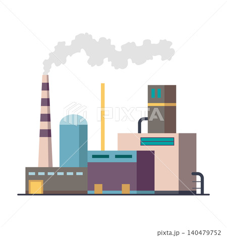 Factory industrial. Manufactory industrial building refinery factory or nuclear power station. Complex of chemical plant buildings isolated on white background Factory industrial. Manufactory industrial building refinery factory or nuclear power station. Complex of chemical plant buildings isolated on white background 140479752