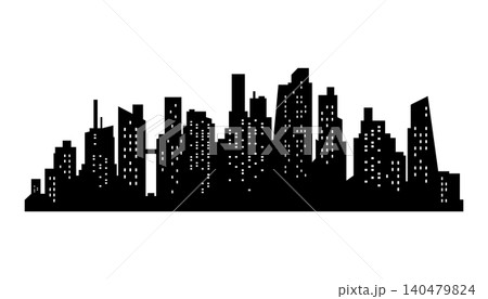 Cityscape silhouette. City building, night town and horizontal urban panorama silhouette. Modern urban landscape. Monochrome panoramic view 140479824