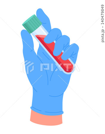 Hand of lab worker wearing medical glove holding blood sample in test tube. Laboratory analysis. Diagnostic examination. Glass flask in doctor arm palm. Bloody 140479849