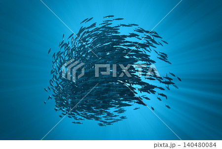 Sardine Bait Ball Sphere God Rays Underwater Ocean, 3D Render background Sardine Bait Ball Sphere God Rays Underwater Ocean, 3D Render background 140480084