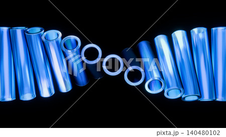 Blue Glass Cylinders Diagonal Array Iridescent Black Background 3D Render 140480102