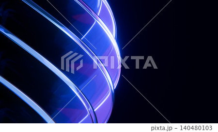 Glass Spiral Rings Macro Blue Neon Glow Black Background 3D Render Glass Spiral Rings Macro Blue Neon Glow Black Background 3D Render 140480103