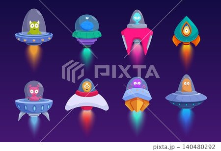 Aliens in spaceship. Ufo characters flying in spacecrafts and ships. Cartoon funny monsters travelling in universe, space adventures sapid vector elements Aliens in spaceship. Ufo characters flying in spacecrafts and ships. Cartoon funny monsters travelling in universe, space adventures sapid vector elements 140480292