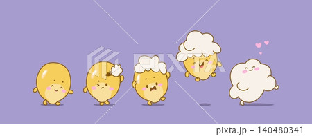 Popcorn from corn. Funny illustration of how popcorn piece emerges from kernel. Scene for cinema, circus, amusement park counters, snack food, nowaday vector concept Popcorn from corn. Funny illustration of how popcorn piece emerges from kernel. Scene for cinema, circus, amusement park counters, snack food, nowaday vector concept 140480341