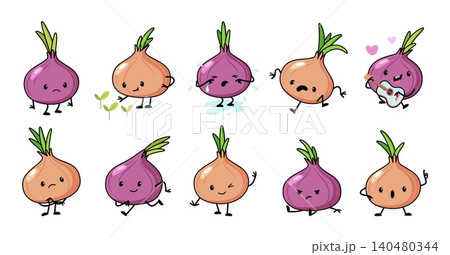 Funny cartoon onion characters. Red and white onions different poses. Fresh farm product cry, angry, joyful. Play music and run, surprised, nowaday vector set 140480344