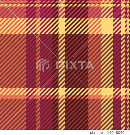 Traditional tartan plaid pattern with a woven fabric texture and clear check layout. Red and amber tones create a seamless textile surface with classic fabric heritage for decorative backgrounds. 140480464