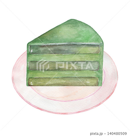 お皿に乗った抹茶のケーキ　手描き 140480509