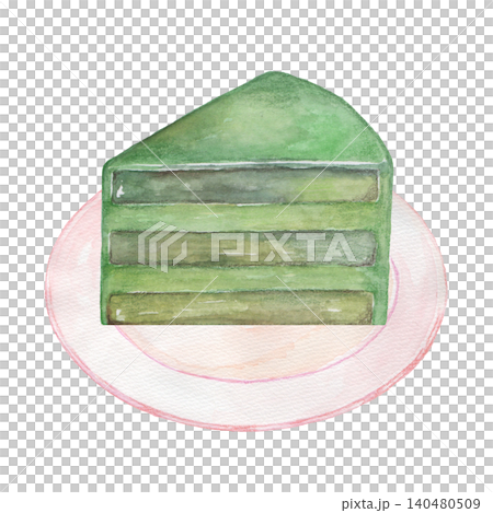 お皿に乗った抹茶のケーキ　手描き 140480509