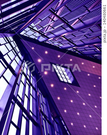 Bright atrium skylight looking upward, converging steel beams and glass panels creating layered. Bright atrium skylight looking upward, converging steel beams and glass panels creating layered. 140480661