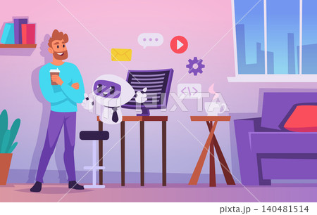 Chatbot Background. Modern vector ai assistant scene with robot messaging interface and mobile support chat exact artwork 140481514