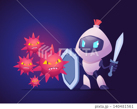 Cyber Guardian. Vector robot knight with sword and shield facing dangerous virus threats in digital security concept Cyber Guardian. Vector robot knight with sword and shield facing dangerous virus threats in digital security concept 140481561