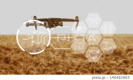 Smart farm technology uses drone for crop monitoring in field during daytime Smart farm technology uses drone for crop monitoring in field during daytime 140481663