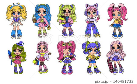 Colorful Y2K Doll Characters Illustration Set Colorful Y2K Doll Characters Illustration Set 140481732