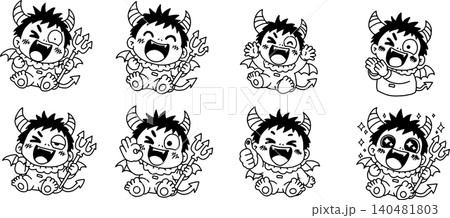かわいいデビル赤ちゃんの感情ポーズセット(喜び・OK・いいね・驚き)手描き風キャラクターイラスト かわいいデビル赤ちゃんの感情ポーズセット(喜び・OK・いいね・驚き)手描き風キャラクターイラスト 140481803