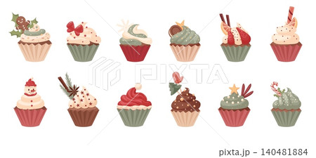 Christmas cupcakes. Winter holiday desserts, scandinavian style cupcake. Creamy sweets with new year decor, xmas tree branch, cinnamon sticks, nowaday vector set 140481884