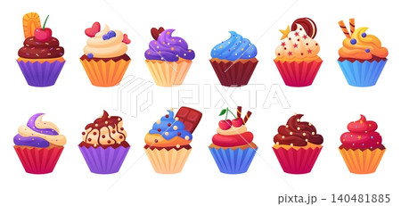 Cartoon cupcake. Bright sweet desserts, cupcakes with creamy caps, chocolate, cookies, cherry. Cafe, cafeteria, bakery food. Party sweets nowaday vector clipart Cartoon cupcake. Bright sweet desserts, cupcakes with creamy caps, chocolate, cookies, cherry. Cafe, cafeteria, bakery food. Party sweets nowaday vector clipart 140481885