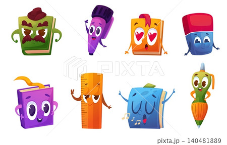 Stationery cartoon characters. Cartoon funny books, pen pencil eraser and ruler. School college office supplies, adorable children mascots, nowaday vector set 140481889