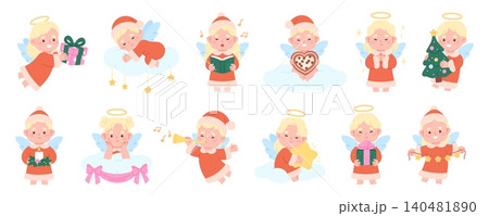 Christmas angels. Cute little angel in x-mas costumes with tree, gifts, gingerbread, candle and star garland. Funny winter holiday characters, racy vector set 140481890