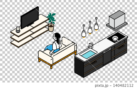Isometric illustration set of a woman watching TV and a kitchen. Isometric illustration set of a woman watching TV and a kitchen. 140482112