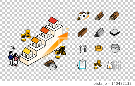 住宅価格高騰と建築資材アイコンのアイソメトリックイラスト 住宅価格高騰と建築資材アイコンのアイソメトリックイラスト 140482132