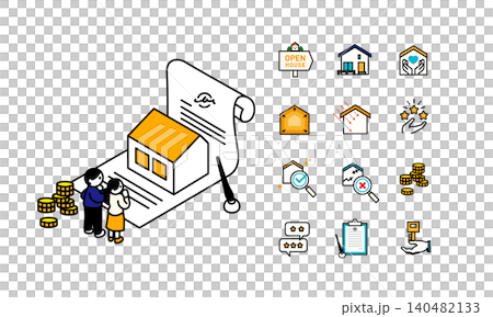 住宅購入を検討する夫婦のイラストと、住宅購入契約と不動産アイコンのイラスト 住宅購入を検討する夫婦のイラストと、住宅購入契約と不動産アイコンのイラスト 140482133