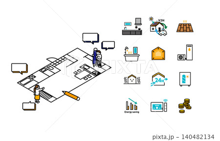 理想の住宅の間取りを計画する夫婦と住宅関連アイコンのイラストセット 理想の住宅の間取りを計画する夫婦と住宅関連アイコンのイラストセット 140482134