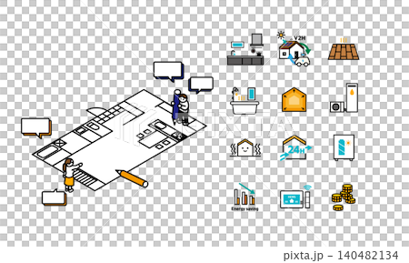 理想の住宅の間取りを計画する夫婦と住宅関連アイコンのイラストセット 理想の住宅の間取りを計画する夫婦と住宅関連アイコンのイラストセット 140482134